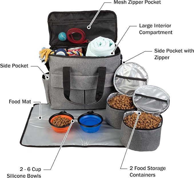 Dog Travel Bag - Cat and Dog Storage Organizer with Pockets, Mat, 2 Food Containers, and 2 Large Collapsible Travel Dog Bowls by PETMAKER (Gray)