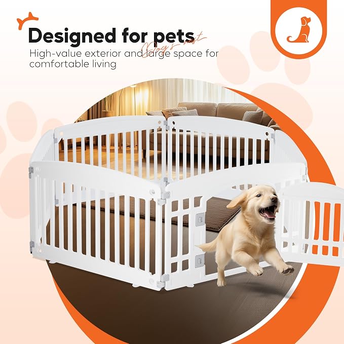 HealSmart 24 Inch 6-Panel Pet Playpen, Sturdy Dog Playpen with Safety Locking Door, Foldable & Portable Design for Puppies, Small & Medium Dogs, White
