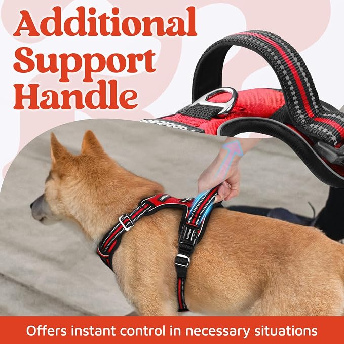 rabbitgoo Dog Harness Small Sized, No Pull 3 Buckles Easy On & Off | Soft Padded, Walking with Control Handle, Adjustable and Reflective, Red, Small