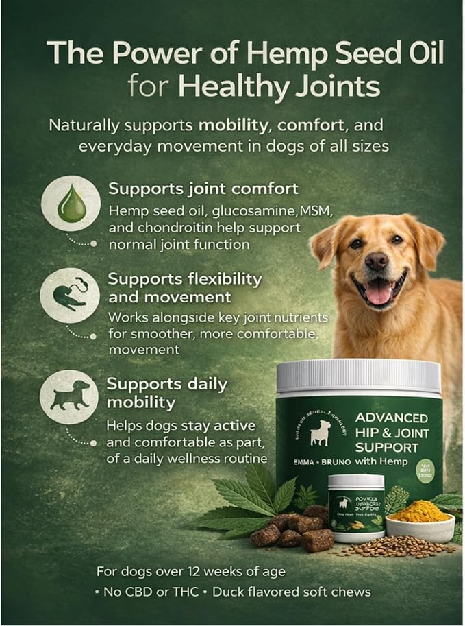 Emma + Bruno Hip & Joint Soft Chews for Dogs – Mobility Support with Glucosamine, MSM & Chondroitin, Hemp Seed Oil – Duck Flavor – 120 Soft Chews