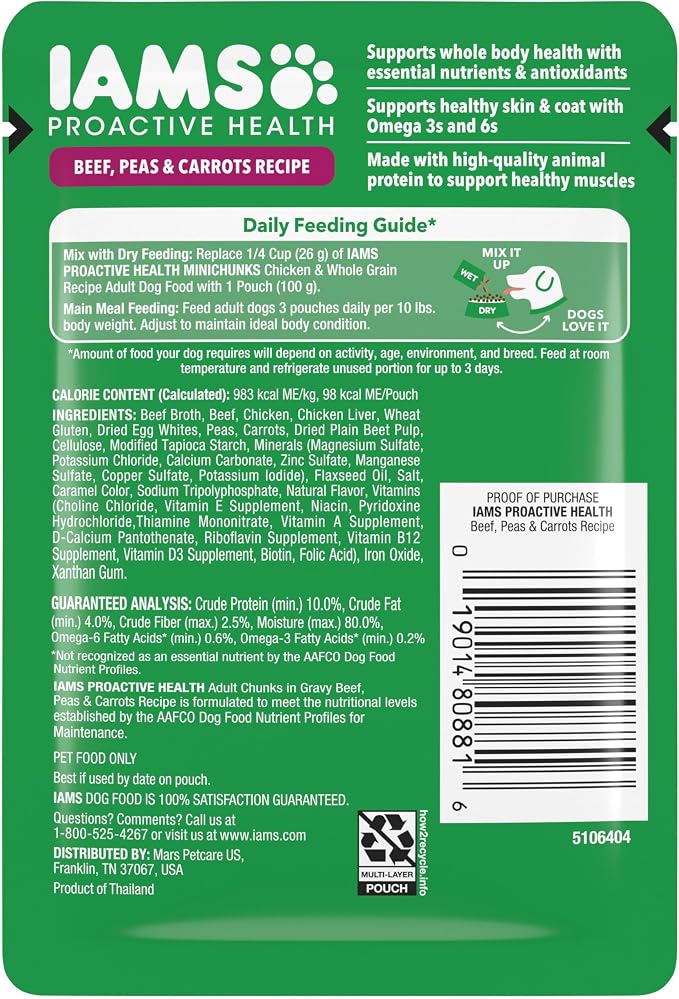 IAMS Proactive Health Adult Wet Dog Food, Beef, Peas and Carrots Recipe, 3.5 oz. Pouch (16 Count, Pack of 1)