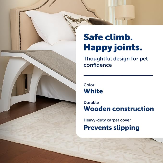 PetSafe CozyUp Wooden Pet Bed Ramp, White | Durable Wood Ramp with High-Traction Carpet Surface, for Small Dogs & Senior Dogs/Cats Up to 120 Lb, 70"L x 16"W x 25"H