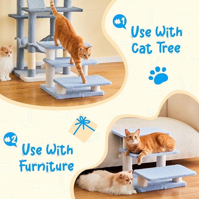 15''H Multi-Step Pet Stairs for High Beds & Sofas, 3-Step Cat Stairs with 2 Toy Balls, Wide Boards for Indoor Kittens Dogs Pets Climbing, Blue