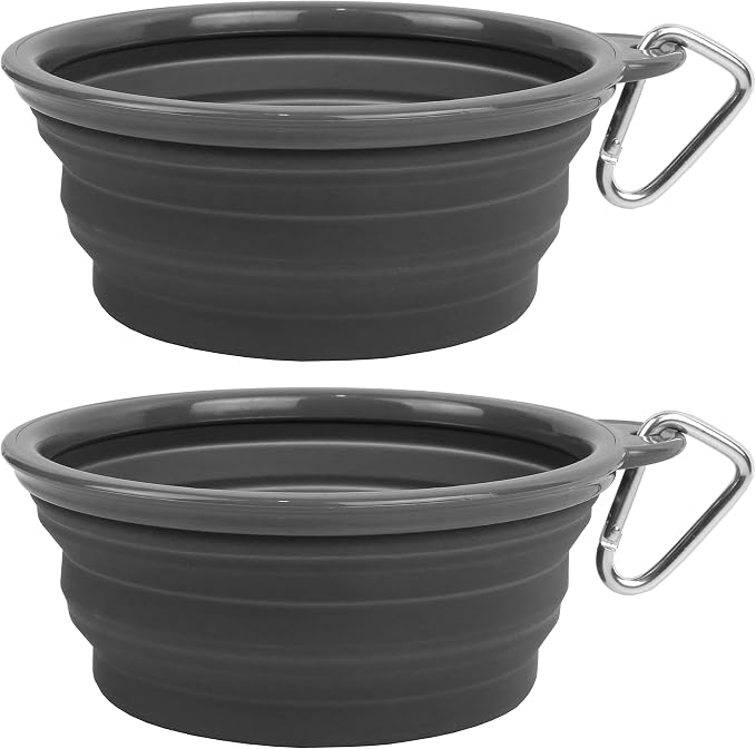 Collapsible Silicone Water Travel Bowl with Clip, Large 5 Cups, Grey, 2 Pack