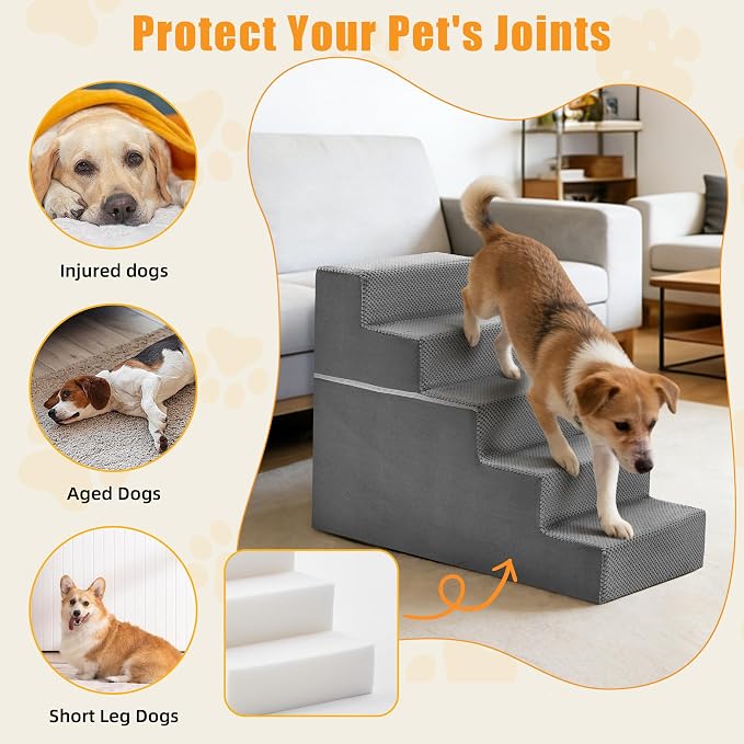 5-Step Dog Stairs for Large Dogs and Cats, 23in H Dog Steps for Couch, Sofa, Chair, Non-Slip Sturdy Pet Steps, Pet Ramp for High Bed Indoor, Grey