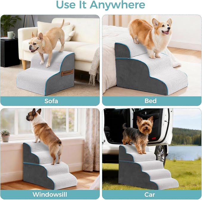 Dog Stairs, Steps and Ramp for High Bed & Sofa, 13-24" H Detachable Pet Stairs for Small Medium Dogs, Sturdy 40D Foam, Non-Slip, Washable Cover with Lint Roller, Grey