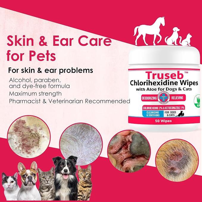 Pet Health Pharma Truseb Topical for Dogs, Cats and Horses - with Aloe for Cleansing (Ketoconazole & Chlorhexidine Wipes, 100 Count)
