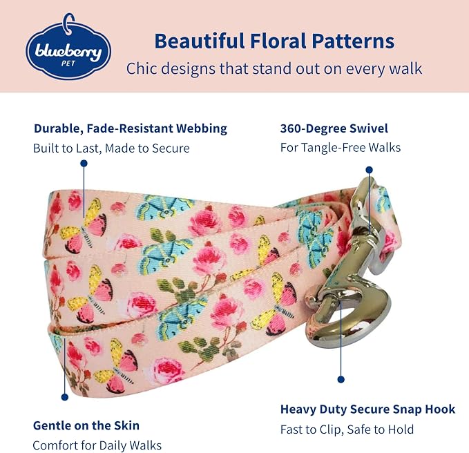 Blueberry Pet 9 Patterns Durable Spring Scent Inspired Rose and Butterfly Print Pastel Pink Dog Leash 4 ft x 1", Large, Leashes for Dogs