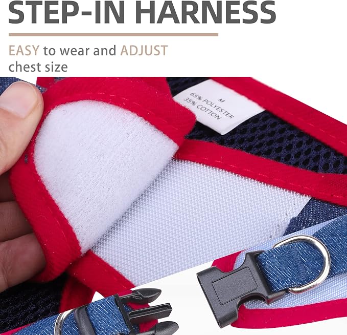 PUPTECK Dog Harness and Leash Set for Small Medium Dogs No Pull Step-in Soft Mesh Puppy Cat Vest Harnesses Reflective at Night, Denim NavyBlue XS