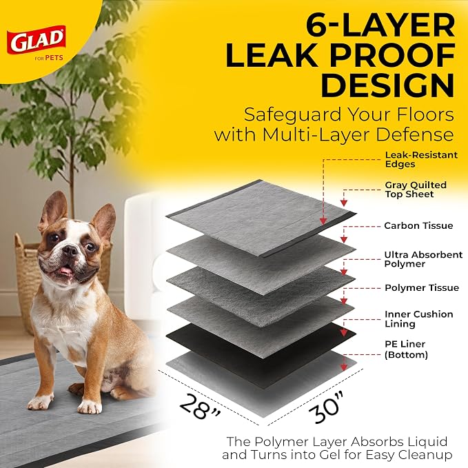 Glad for Pets Extra Large Charcoal Training Pads for Dogs and Puppies, Activated Carbon Odor Control, 6-Layer Absorbent Leak-Proof Pee Pads with Pheromone Attractant, 28 x 30 in, 30 Count