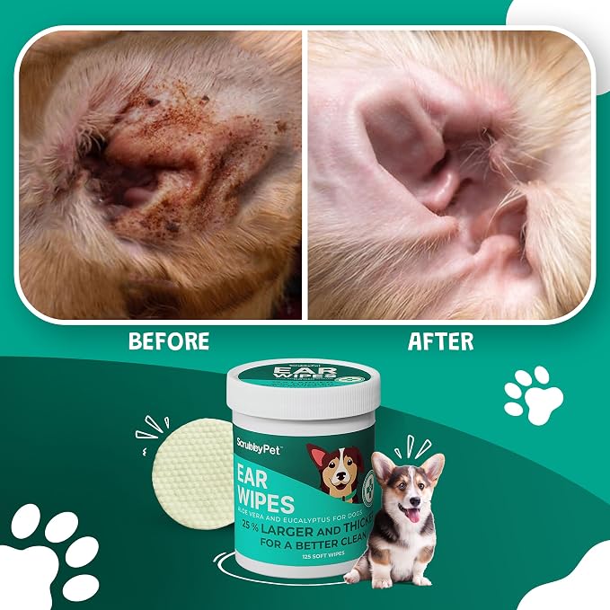 Scrubby Pet Dog Ear Wipes for Dogs | Extra Thick with Aloe Vera & Eucalyptus | 250 Count | Hypoallergenic Ear Cleaner for Dogs with Pearl Texture for Deeper Clean