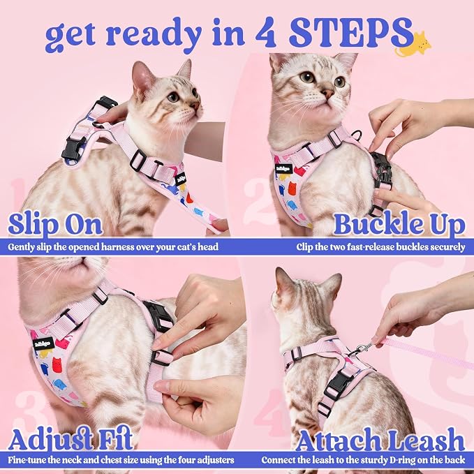 rabbitgoo Cat Harness and Leash Set, Escape Proof Vest, Purrty Pink | Soft Breathable Mesh, Easy Adjustable Fit, Snap Buckles, Sturdy Clip, Reflective Strips, for Small & Average Cats Walks, Xs