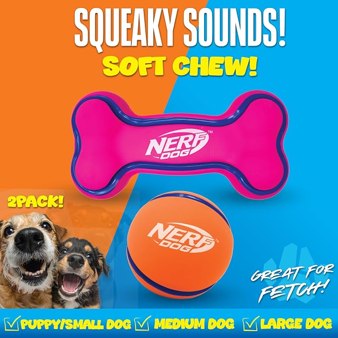 Nerf Dog 2.5in Latex Squeak Ball and 5in Latex Squeak Bone 2-Pack -Pink/Blue and Orange/Blue