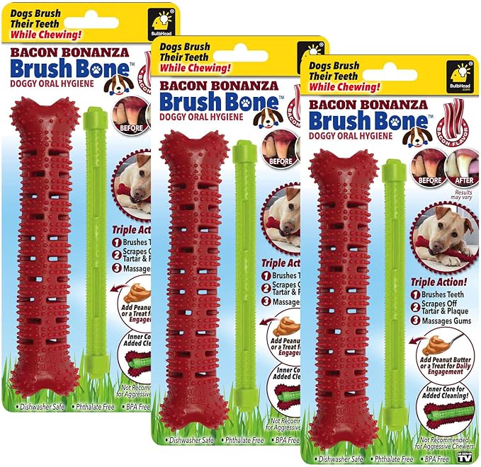 BulbHead Bonanza Bone Toothbrush, Infused with Real Bacon Flavor – Dogs Brush Chewing, Plaque and Tartar Remover for Teeth, Works 3 Ways to Clean While They Play, 8 in. x 2 in, Red