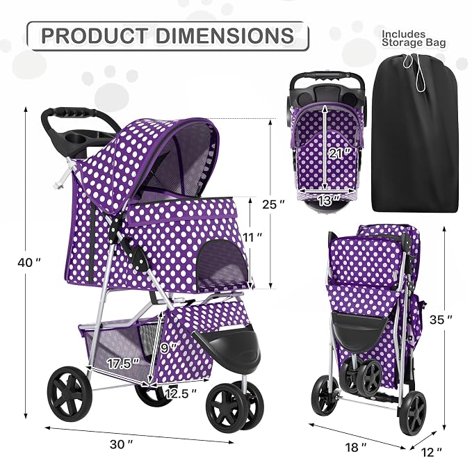 MoNiBloom Foldable Pet Stroller - Purple Polka Dots, 3 Wheels