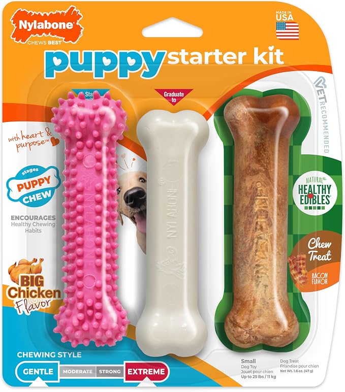 Nylabone New Puppy Starter Kit, Puppy Teething Toys, 3 Pack, Pink | Teething toys for puppies, natural chew treat & toy set for small dogs up to 25 lbs, long lasting chicken & bacon flavor