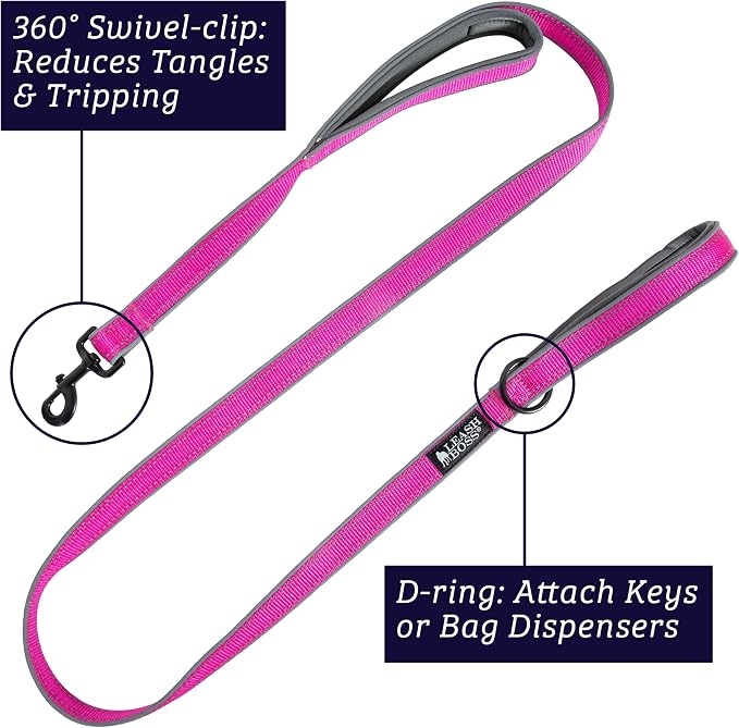 Leash Boss Double Handle Dog Leash - 6 Ft Reflective with Two Padded Handles for Large or Medium Dogs That Pull (Black/Gray)