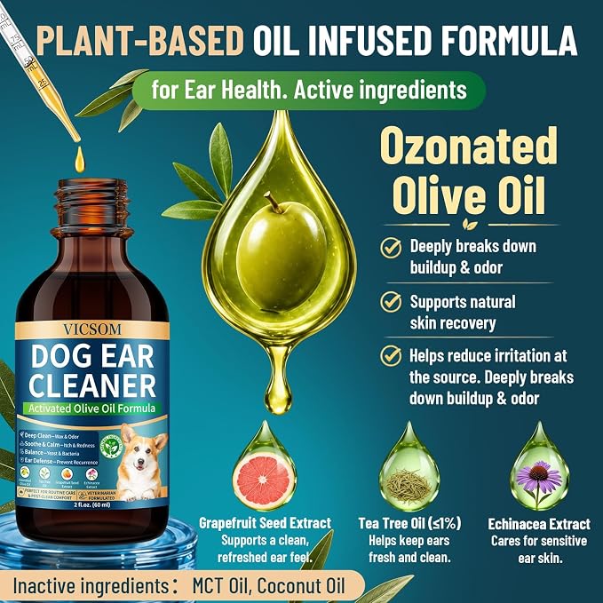 VICSOM Dog Ear Infection Treatment Drops with Ozonated Olive Oil, 60ml