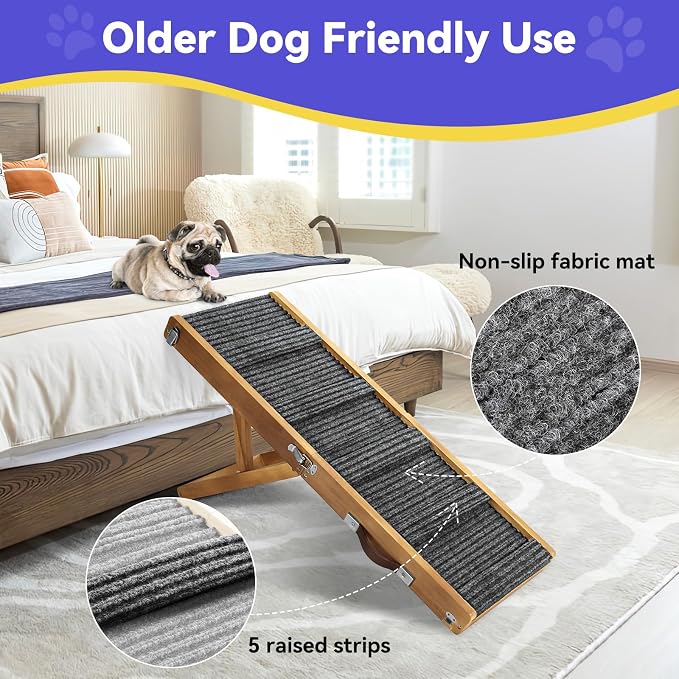 Pawaboo Dog Ramp for Small Dogs & Car – 4 Adjustable Heights (13"-21") with Non-Slip Pad, Foldable Pet Stairs for Couch & Sofa, Walnut