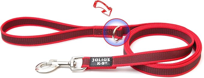 Julius-K9 Color & Gray Super-Grip Leash with Handle, and D-Ring, 0.79 in x 6 ft, Red-Gray