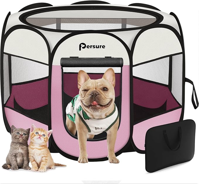 Dog Cat Playpen Indoor Outdoor for Puppy Pet Dogs Cat Recovery After Surgery, Dog Tent Crates Cage Indoor/Outdoor, Portable Pop Up Kennel with Carrying Case for Travel (Pink, Large)