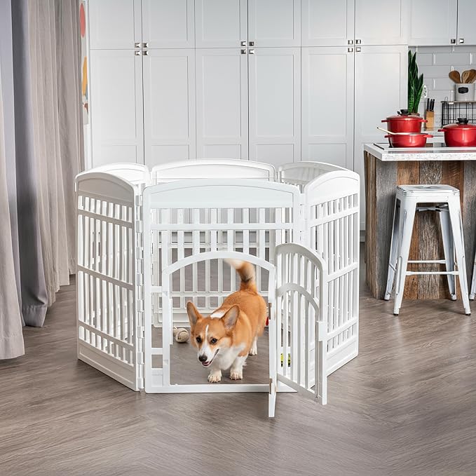 IRIS USA Dog Playpen with Door, 34” 6 Panel Pet Exercise Pen – Indoor Outdoor Puppy Play Pen, Portable Plastic Pet Fence for Small Medium Dogs, Foldable 44” x 63” x 34”, White