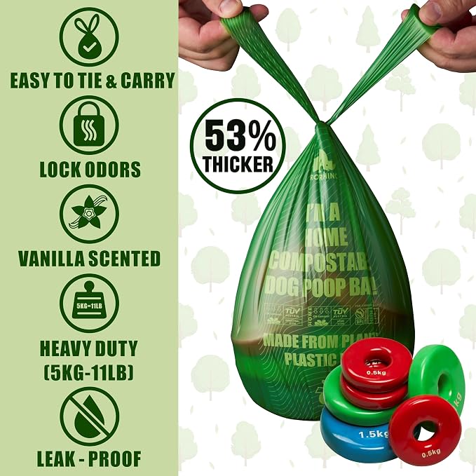 Ultra Thick & Deep RockRhino Dog Poop Bags for Large & XL Breeds | 4-Layer Interlocked Bottom | 100% Home Compostable, 0% Plastic | Vanilla-Scented | 60 Bags, Easy Open Tie Handles, Not for Scooper
