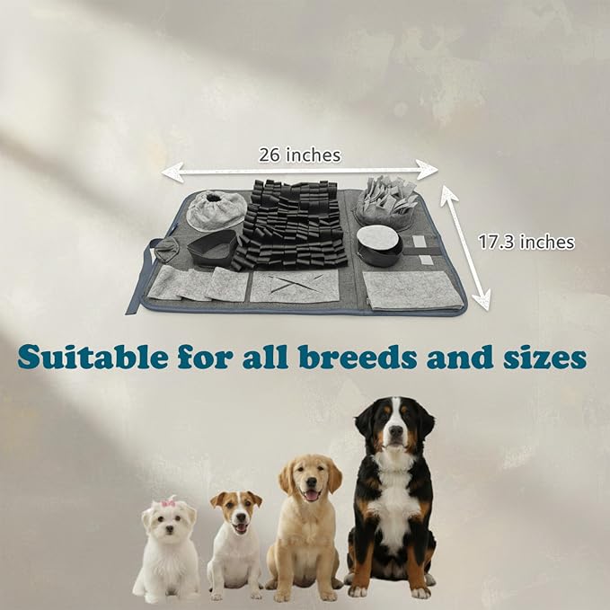 S Snuffle Mat Gray Dog Puzzle Enrichment Slow Feeder | Mental stimulation, slow feeder, nosework game, washable non-slip, enrichment puzzle toy for dogs cats