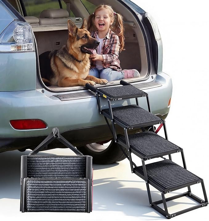 VEVOR Dog Stairs for Car, 4 Steps Extra Wide Foldable Dog Ramp for Large Dogs with Non-Slip Rug Surface, Portable Lightweight Pet Ladder for Car, SUV, Truck, High Beds, Sofas, Support up to 200 lbs