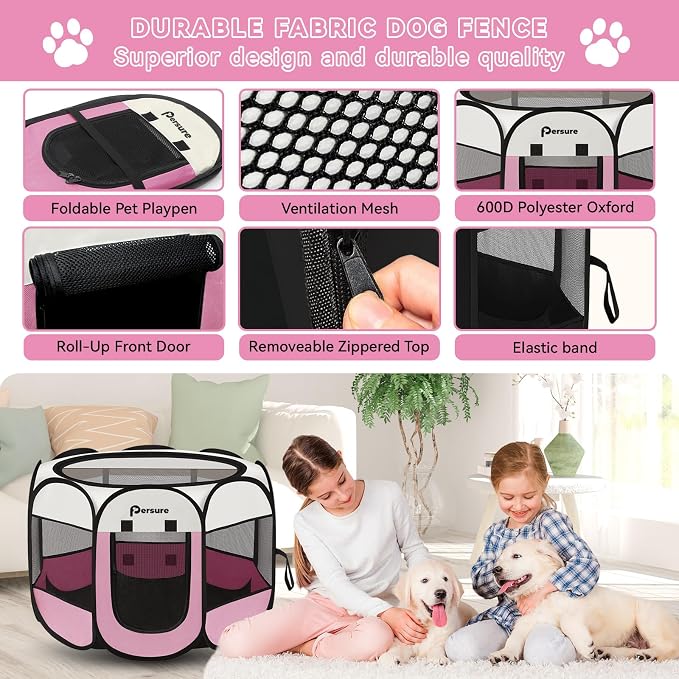 Dog Cat Playpen Indoor Outdoor for Puppy Pet Dogs Cat Recovery After Surgery, Dog Tent Crates Cage Indoor/Outdoor, Portable Pop Up Kennel with Carrying Case for Travel (Pink, Large)