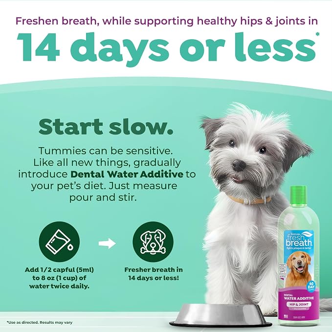 TropiClean Fresh Breath Water Additive for Hip & Joint Support, 33.8oz | with Glucosamine | Freshens Breath & Cleans Teeth | No Toothpaste or Toothbrush Required