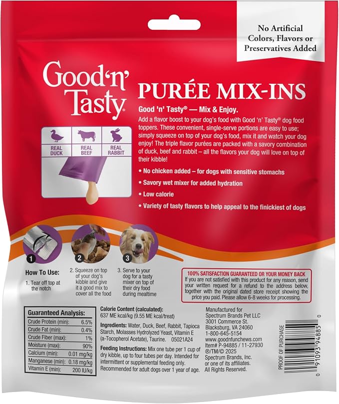 Good 'n' Tasty Triple Flavor Puree Mix-Ins Dog Food Topper Treats for All Dogs, 28 Count, Easy Single-Serve Portions, Added Protein with Duck, Beef and Rabbit, No Chicken Added