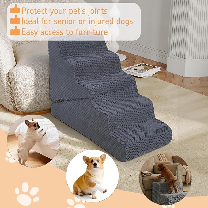 Dog Ramp for Bed, 23" H Dog Stairs for High Bed, 2 in 1 Pet Steps for Small Dogs, 5-Step Foldable Transformable Large Cats Ramp to Get on Couch, Non-Slip Balanced, Grey