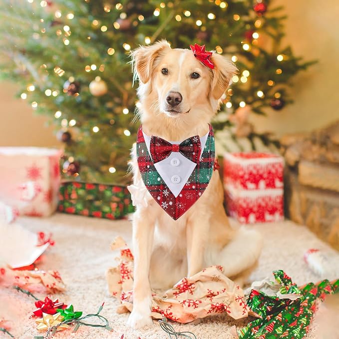 Adjustable Plaid Christmas Dog Tuxedo Bandana with Bow Tie, Medium, XS