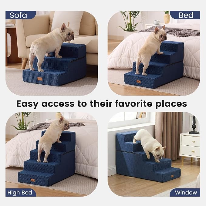 Gardner Pet Dog Stairs for Small Dogs 18.5" H, 4-Step Extra Wide Dog Steps for Bed, Pet Stairs for Bed and Couch with Durable Non-Slip Waterproof Fabric Cover and Soft Foam, Navy
