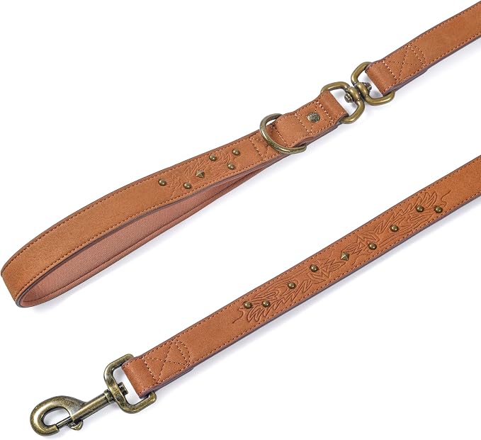 Blueberry Pet Premium Embossed Microfiber Leather Dog Leash with Decorative Studs in Saddle Brown