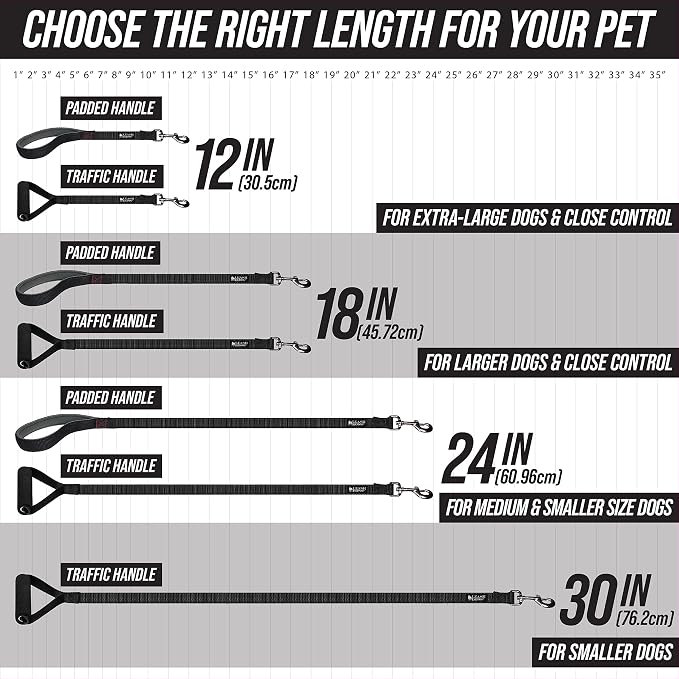 Traffic Handler - Short Dog Leash with Traffic Handle for Large Dogs - Made in USA - Great for Double Dog Couplers, Service Dogs, and Training (18 Inch, Classic Black)