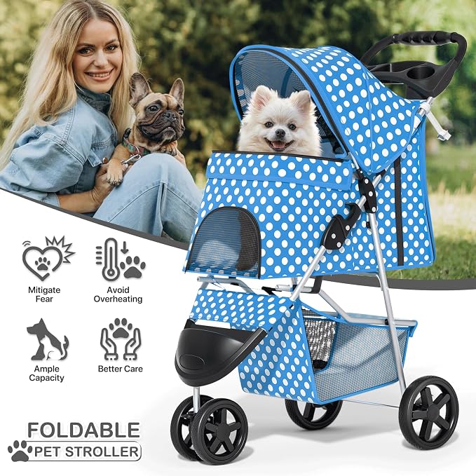 MoNiBloom 3-Wheel Foldable Pet Stroller - Sky Blue