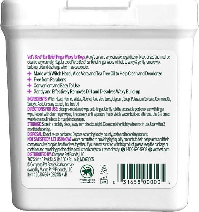 Vet's Best Ear Relief Finger Wipes, 50 Count (Pack of 2)