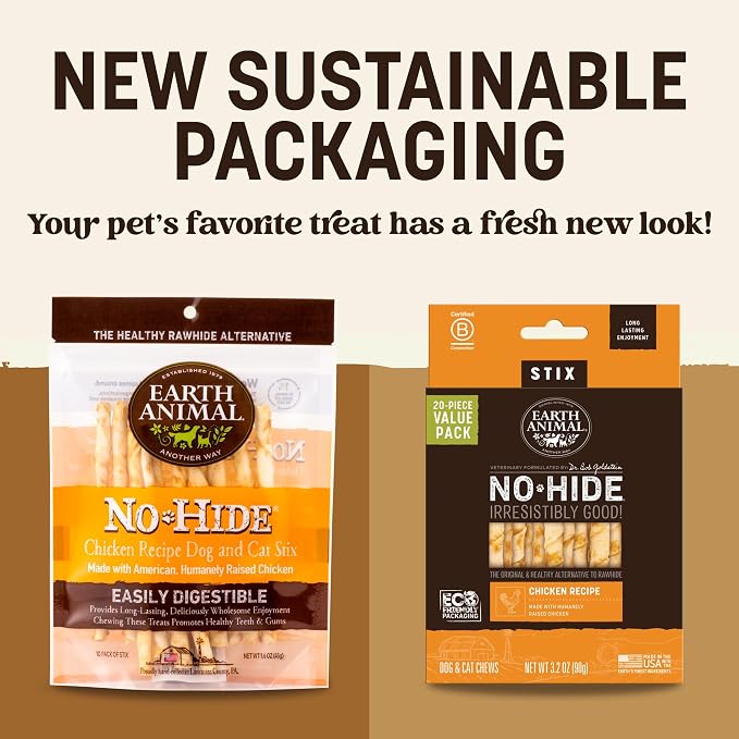 Earth Animal No Hide Stix - Long Lasting Rawhide Free Small Dog Chews Sticks, Chicken - 40 Count Extra Value Pack