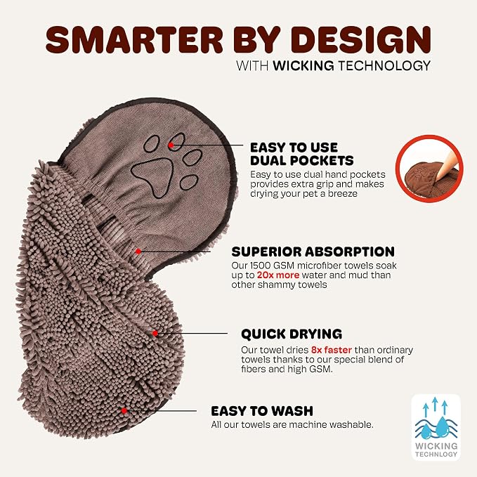 Dog Gone Smart The Dirty Dog Shammy - Fast Drying Plush Shammy Towel with Dual Hand Pockets and Elastic - Super Absorbent Polyamide Microfiber & Machine Washable - Grey, X-Large