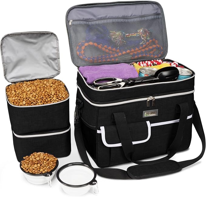 BAGLHER Dog Travel Bag, Double-Layer, with Food Containers & Bowls, Black