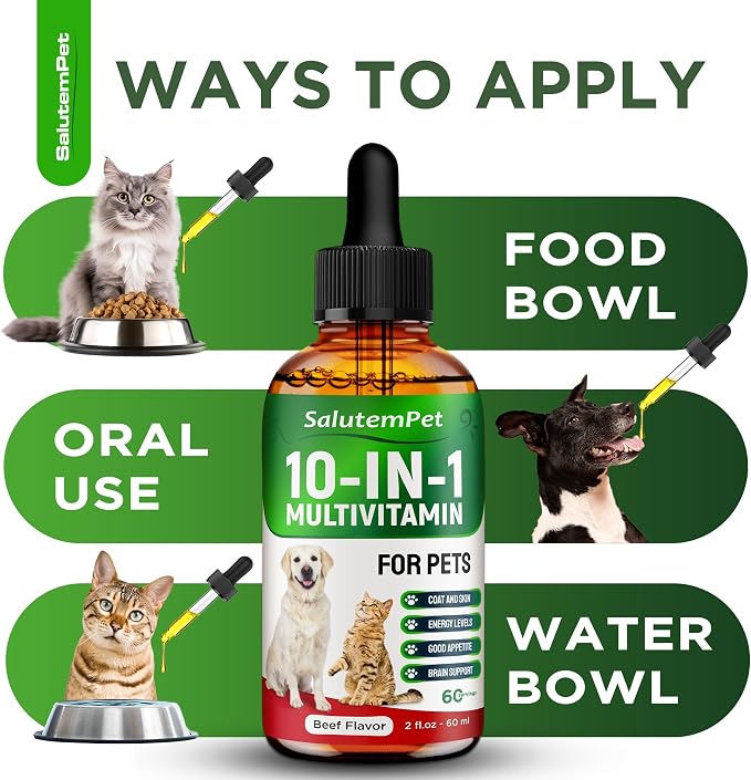 Сat Vitamins for Indoor Cats – Liquid 10-in-1 Multivitamin for Dogs – C, D3, B Group, for Skin, Coat, & Breathing – Natural Protection for Pets of All Ages – For Digestion & Bones – Beef Flavor – 2 Oz