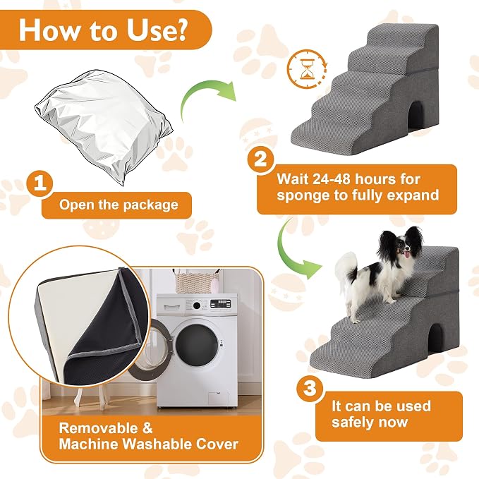Dog Stairs for Bed 23’’ H, 5-Step Dog Steps for High Bed, Foldable Pet Stairs for Small Dogs and Cats to Get on Beds, Couch, Non-Slip Balanced Pet Steps and Ramp with Waterproof Cover, Grey