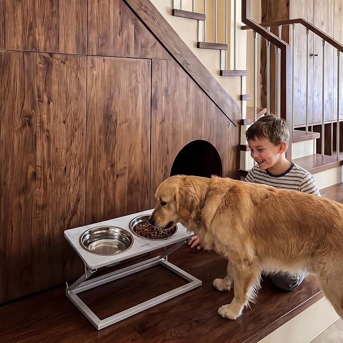 Elevated Dog Bowls, Height-Adjustable Stand with 2 Stainless Steel Food Bowls and a 20° Tilted Water Bowl—Suitable for Small, Medium, and Large Dogs(Faux Marble (White), Large)