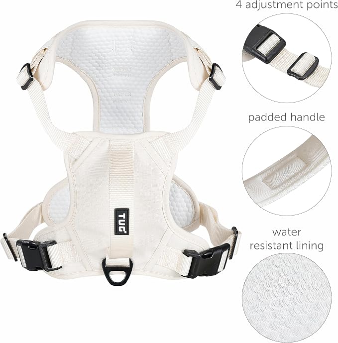TUG No-Pull Dog Harness, 2 Leash Clips + Padded Handle (Small, Cream) | Water-Resistant Padded Interior | No-Pull Front Clip | Padded Back Handle | Adjustable Straps