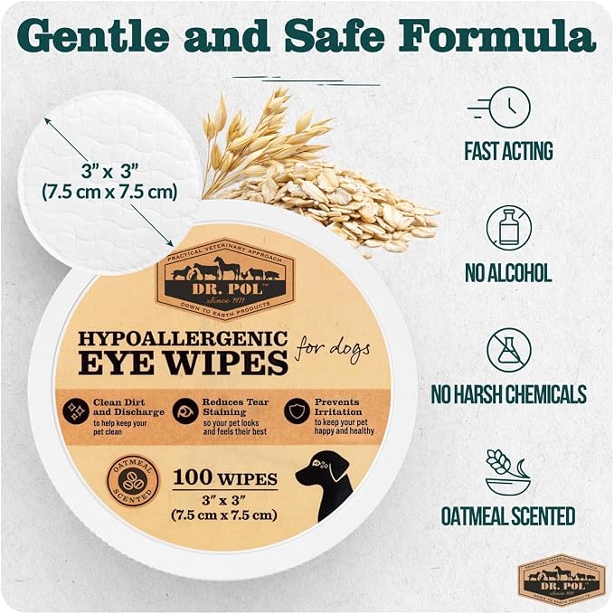 Dr. Pol Pet Eye Wipes, Hypoallergenic Grooming Wipes, 100 Count