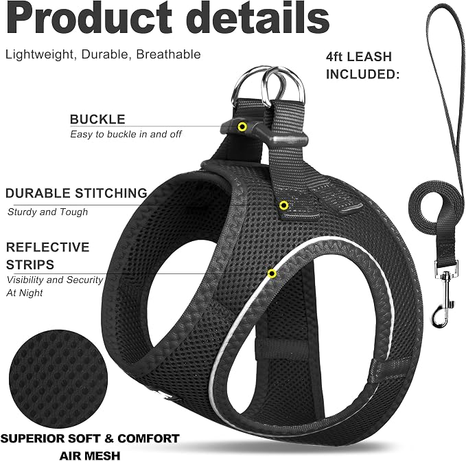 Fida Comfy Dog Harness with Leash, Soft Puppy Vest Escape Proof, Breathable Lightweight Soft Mesh, Adjustable Reflective Step-in Harness for Medium & Large Pet Walking (XL, Black)