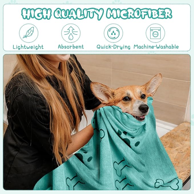 Tatuo 22 Pcs Dog Towels for Drying 20 x 40 Inch Pet Bath Towels Absorbent Microfiber Towel Quick Drying Puppy Bathing Supplies for Small Medium Large Dog Puppy Cat(Teal,Bone Pattern)