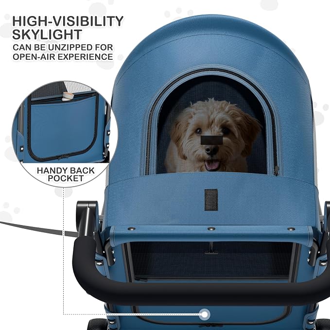 MoNiBloom Pet Stroller for Large Dogs or Dogs Cats up to 55 lbs, Navy Blue | with Adjustable Handle, 3-Wheels Dual Entry Portable Dog Carting Easy Folding Pet Wagon Double Multiple Dog Stroller